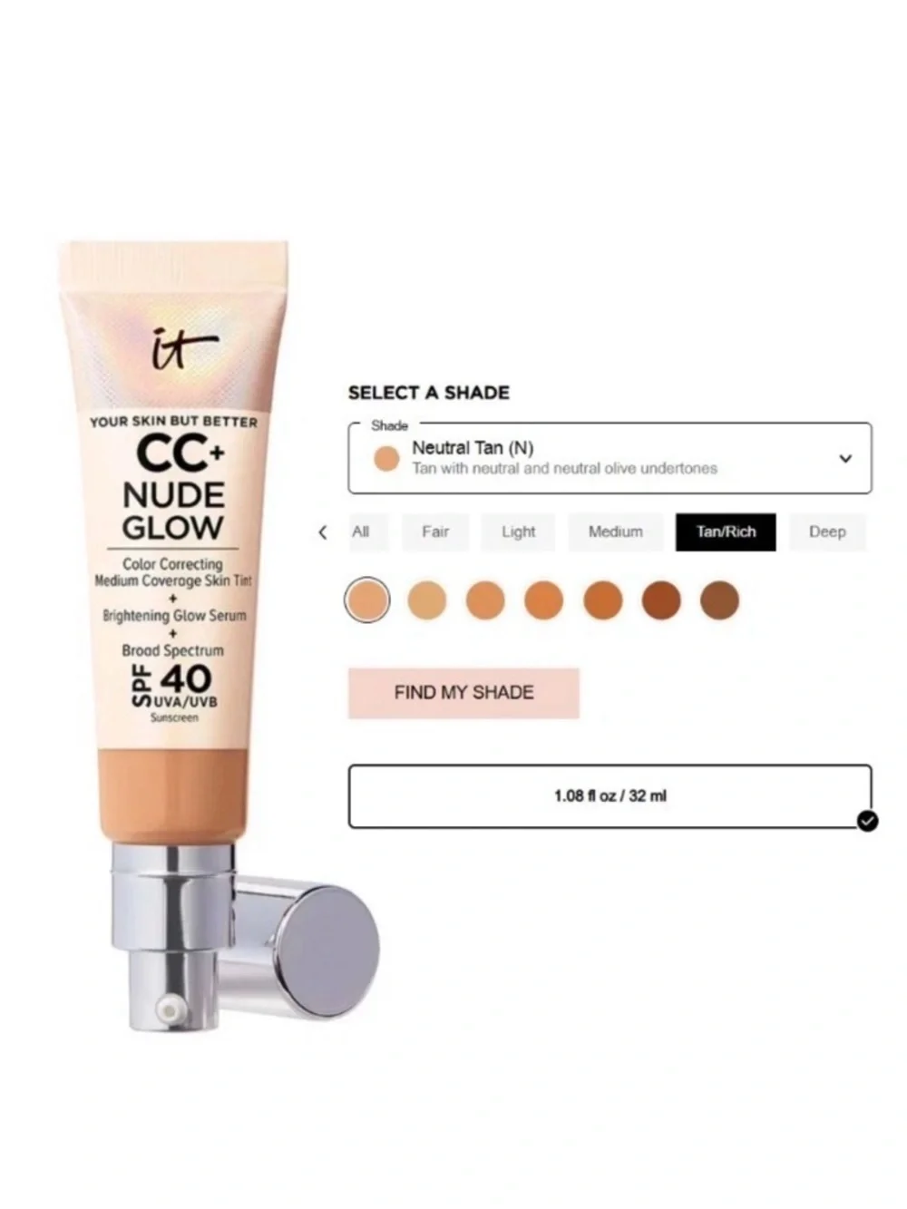 CC+ Nude Glow Lightweight Foundation + Glow Serum SPF 40 Neutral Tan EXP 12/26